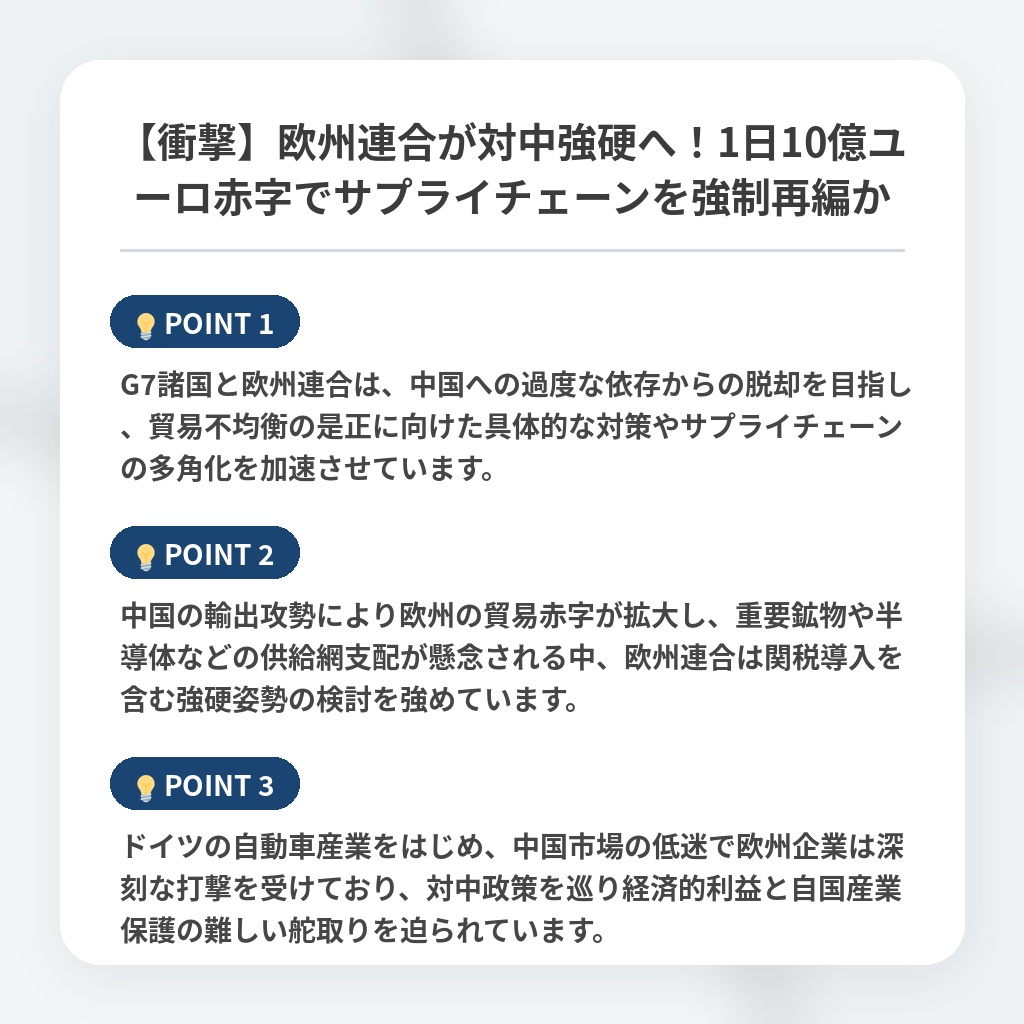【衝撃】欧州連合が対中強硬へ！1日10億ユーロ赤字でサプライチェーンを強制再編かの注目ポイントまとめ