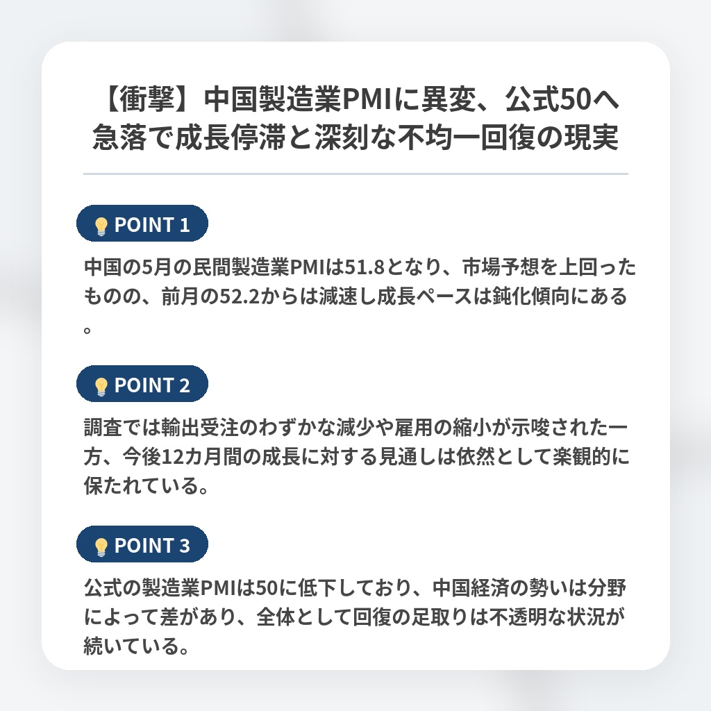【衝撃】中国製造業PMIに異変、公式50へ急落で成長停滞と深刻な不均一回復の現実の注目ポイントまとめ