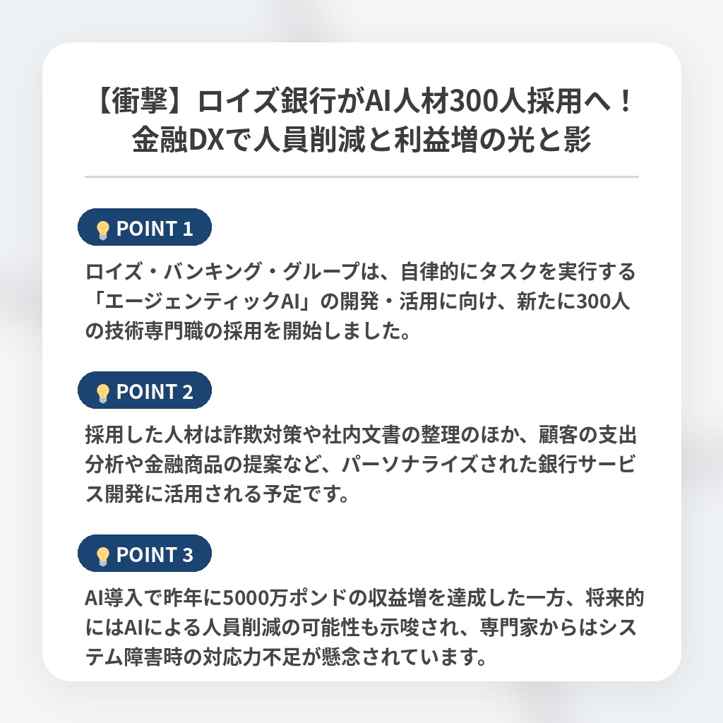 【衝撃】ロイズ銀行がAI人材300人採用へ!金融DXで人員削減と利益増の光と影の注目ポイントまとめ