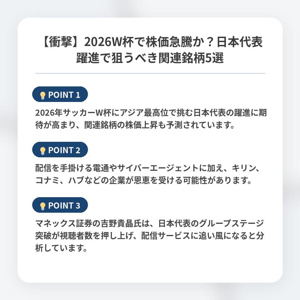 【衝撃】2026W杯で株価急騰か？日本代表躍進で狙うべき関連銘柄5選の注目ポイントまとめ