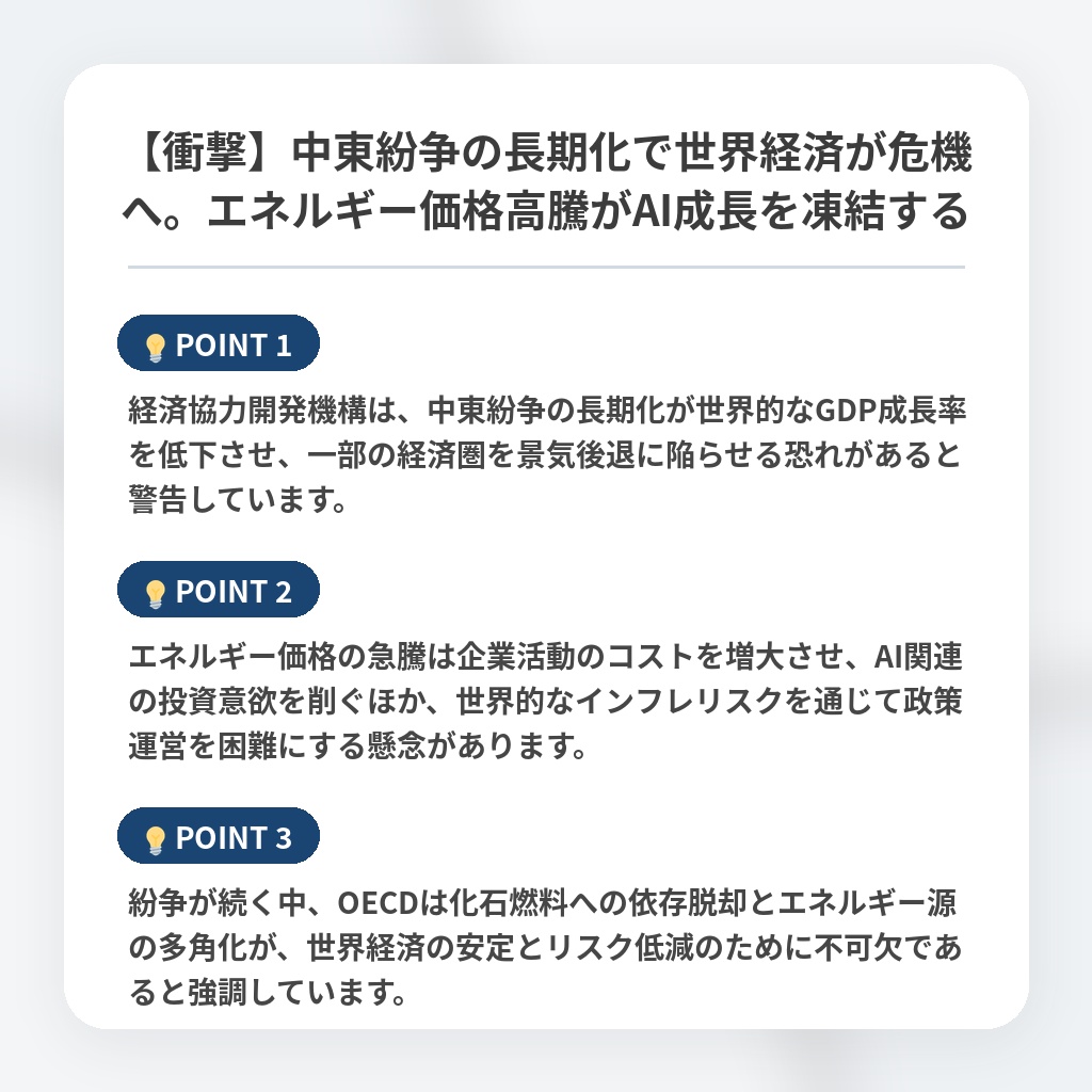 【衝撃】中東紛争の長期化で世界経済が危機へ。エネルギー価格高騰がAI成長を凍結するの注目ポイントまとめ