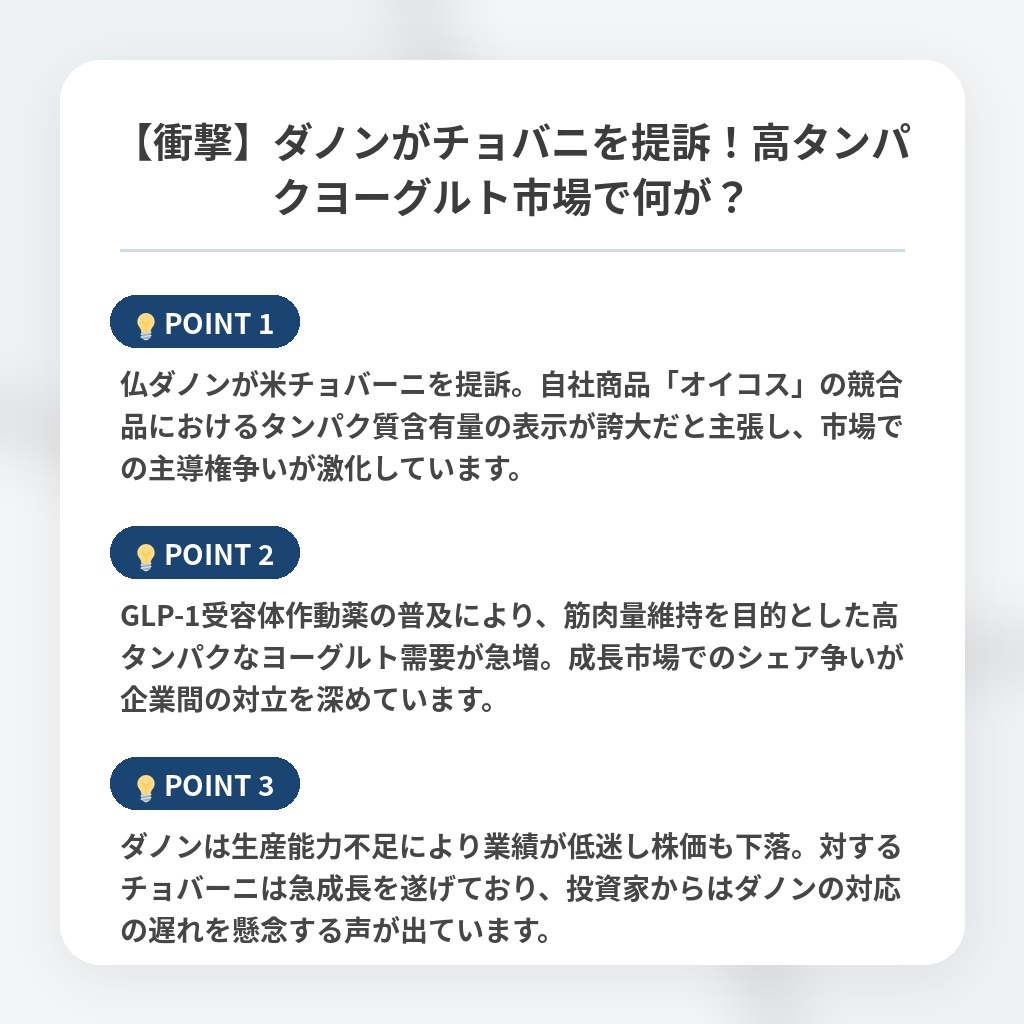 【衝撃】ダノンがチョバニを提訴！高タンパクヨーグルト市場で何が？の注目ポイントまとめ