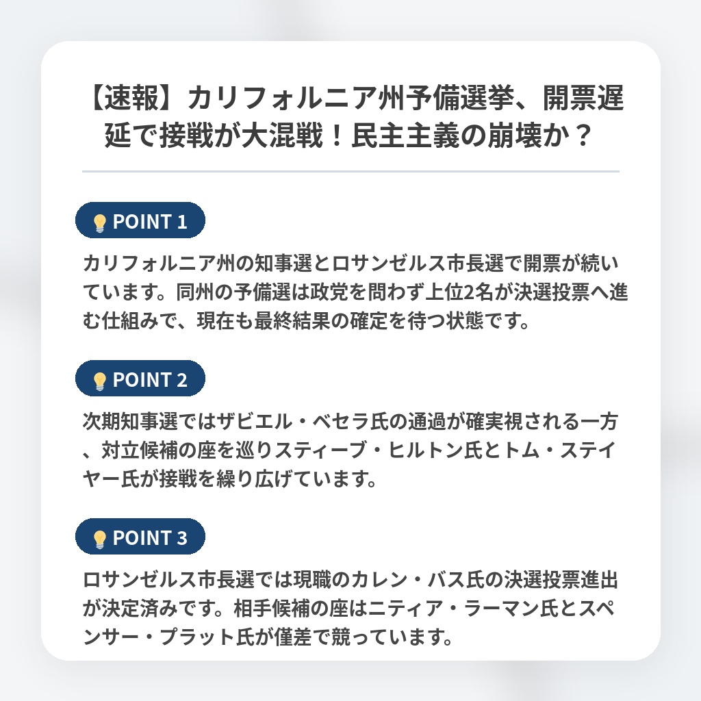 【速報】カリフォルニア州予備選挙、開票遅延で接戦が大混戦!民主主義の崩壊か?の注目ポイントまとめ