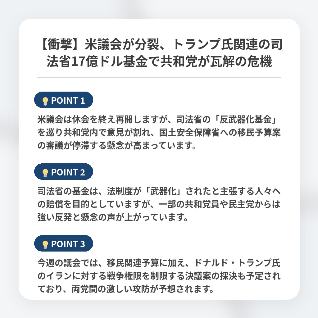 【衝撃】米議会が分裂、トランプ氏関連の司法省17億ドル基金で共和党が瓦解の危機の注目ポイントまとめ