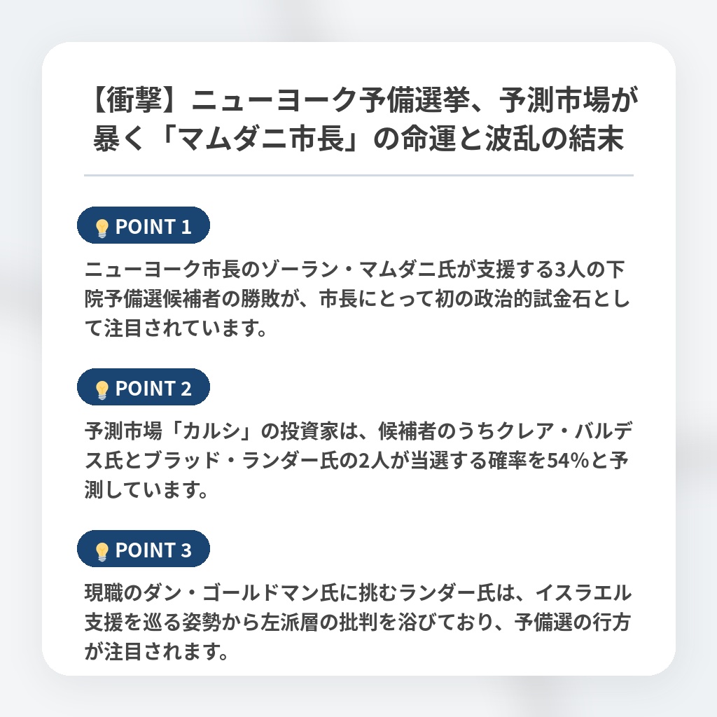 【衝撃】ニューヨーク予備選挙、予測市場が暴く「マムダニ市長」の命運と波乱の結末の注目ポイントまとめ