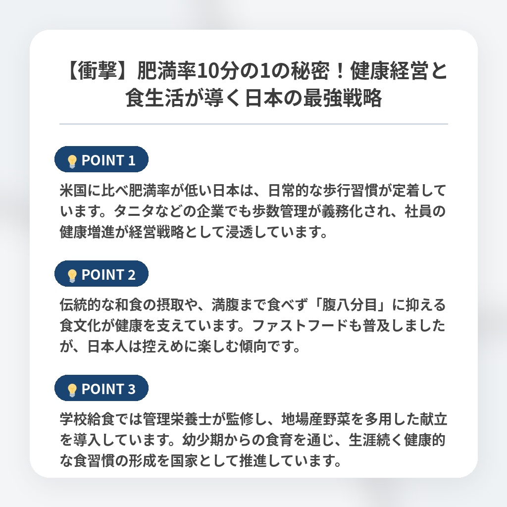 【衝撃】肥満率10分の1の秘密！健康経営と食生活が導く日本の最強戦略の注目ポイントまとめ