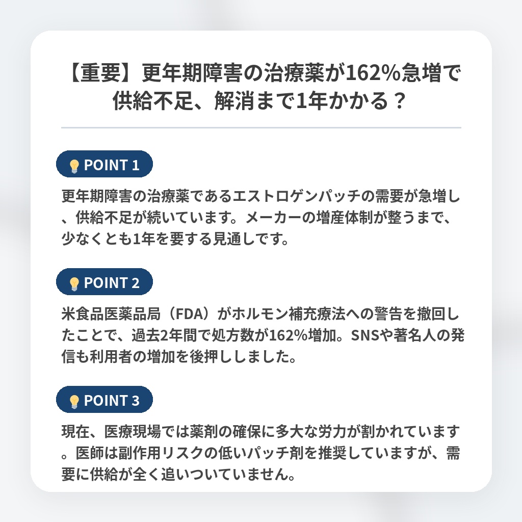 【重要】更年期障害の治療薬が162％急増で供給不足、解消まで1年かかる？の注目ポイントまとめ