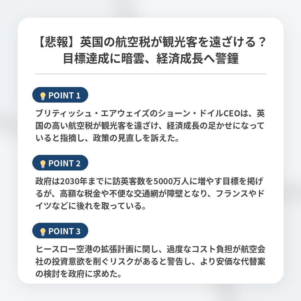 【悲報】英国の航空税が観光客を遠ざける？目標達成に暗雲、経済成長へ警鐘の注目ポイントまとめ