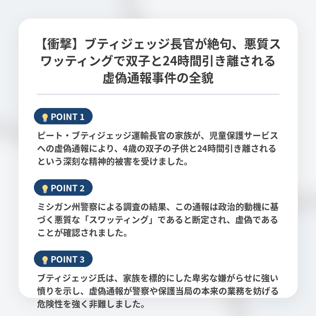 【衝撃】ブティジェッジ長官が絶句、悪質スワッティングで双子と24時間引き離される虚偽通報事件の全貌の注目ポイントまとめ