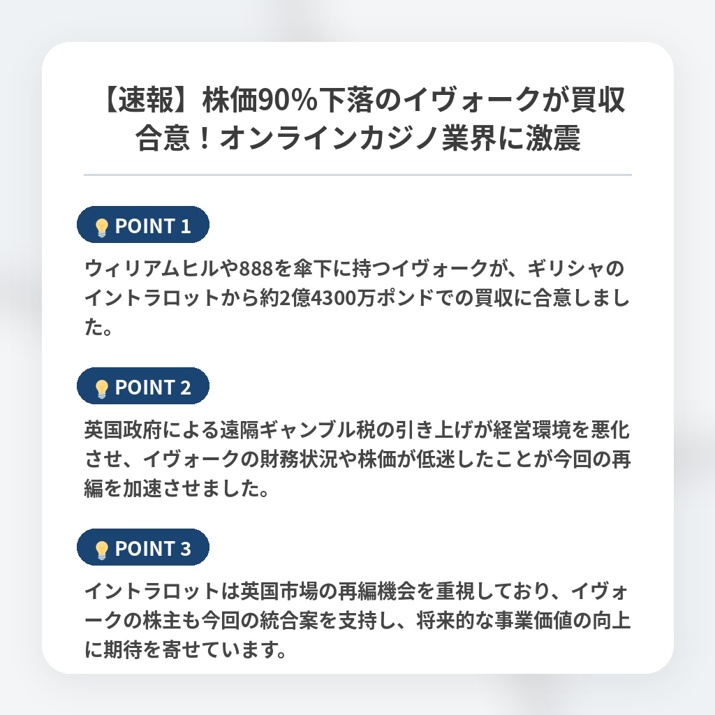 【速報】株価90％下落のイヴォークが買収合意！オンラインカジノ業界に激震の注目ポイントまとめ