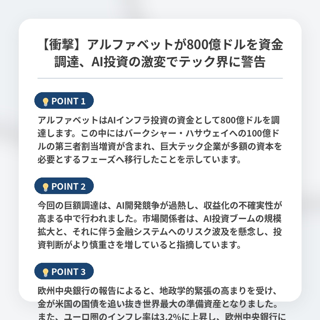 【衝撃】アルファベットが800億ドルを資金調達、AI投資の激変でテック界に警告の注目ポイントまとめ