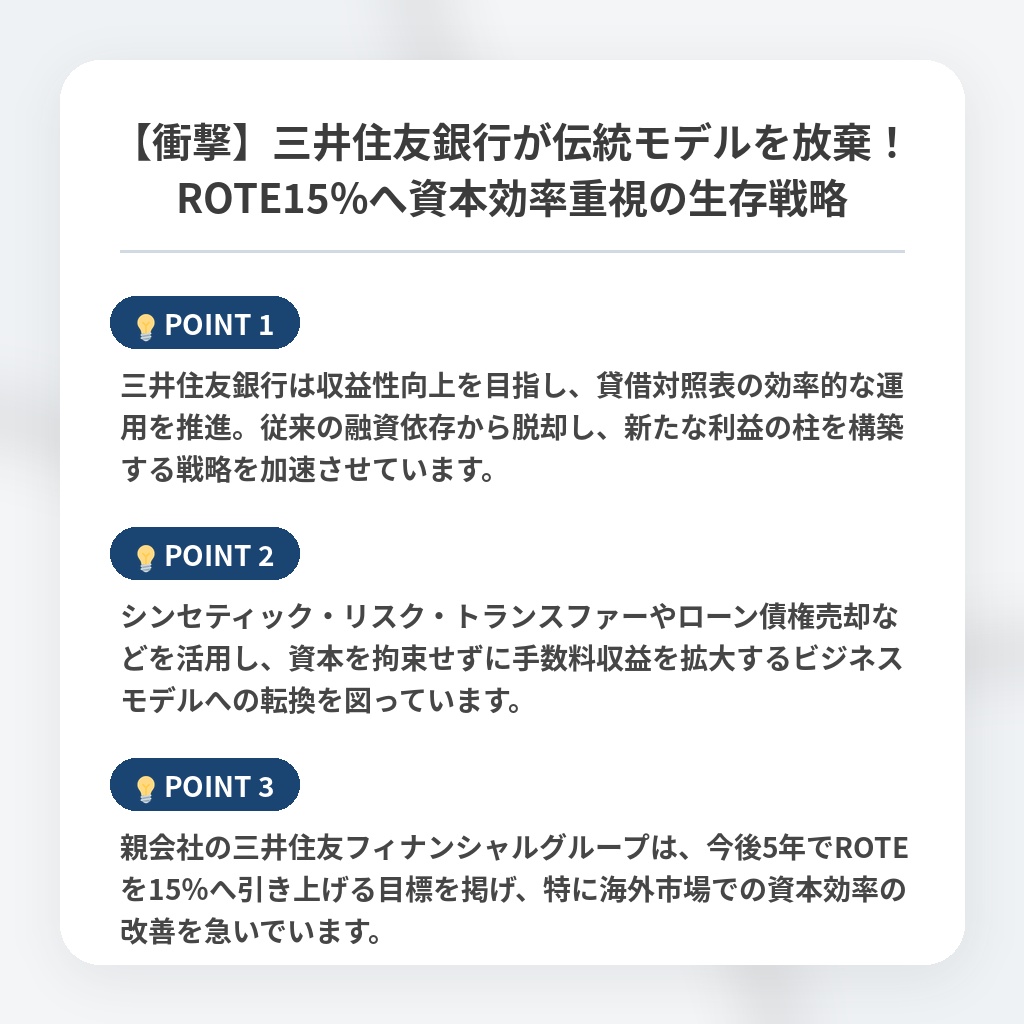 【衝撃】三井住友銀行が伝統モデルを放棄！ROTE15%へ資本効率重視の生存戦略の注目ポイントまとめ