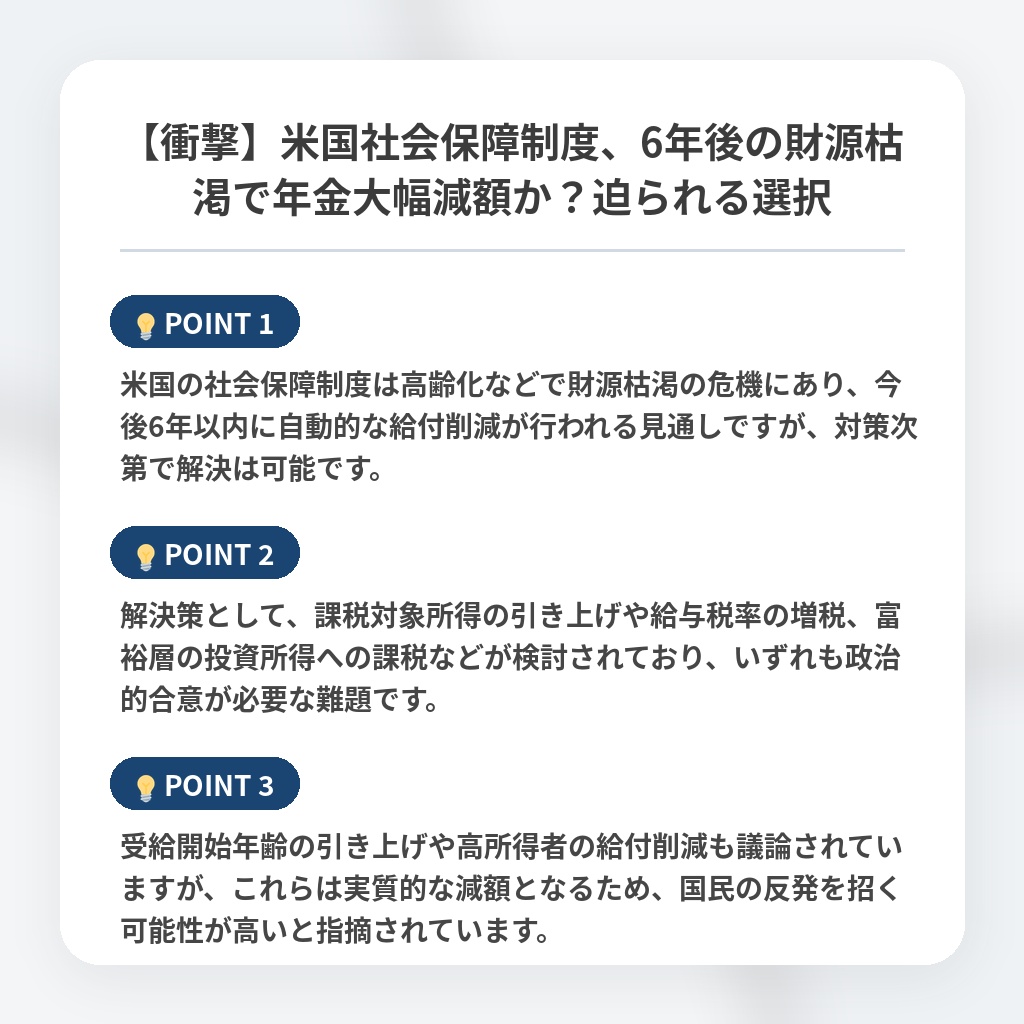 【衝撃】米国社会保障制度、6年後の財源枯渇で年金大幅減額か？迫られる選択の注目ポイントまとめ