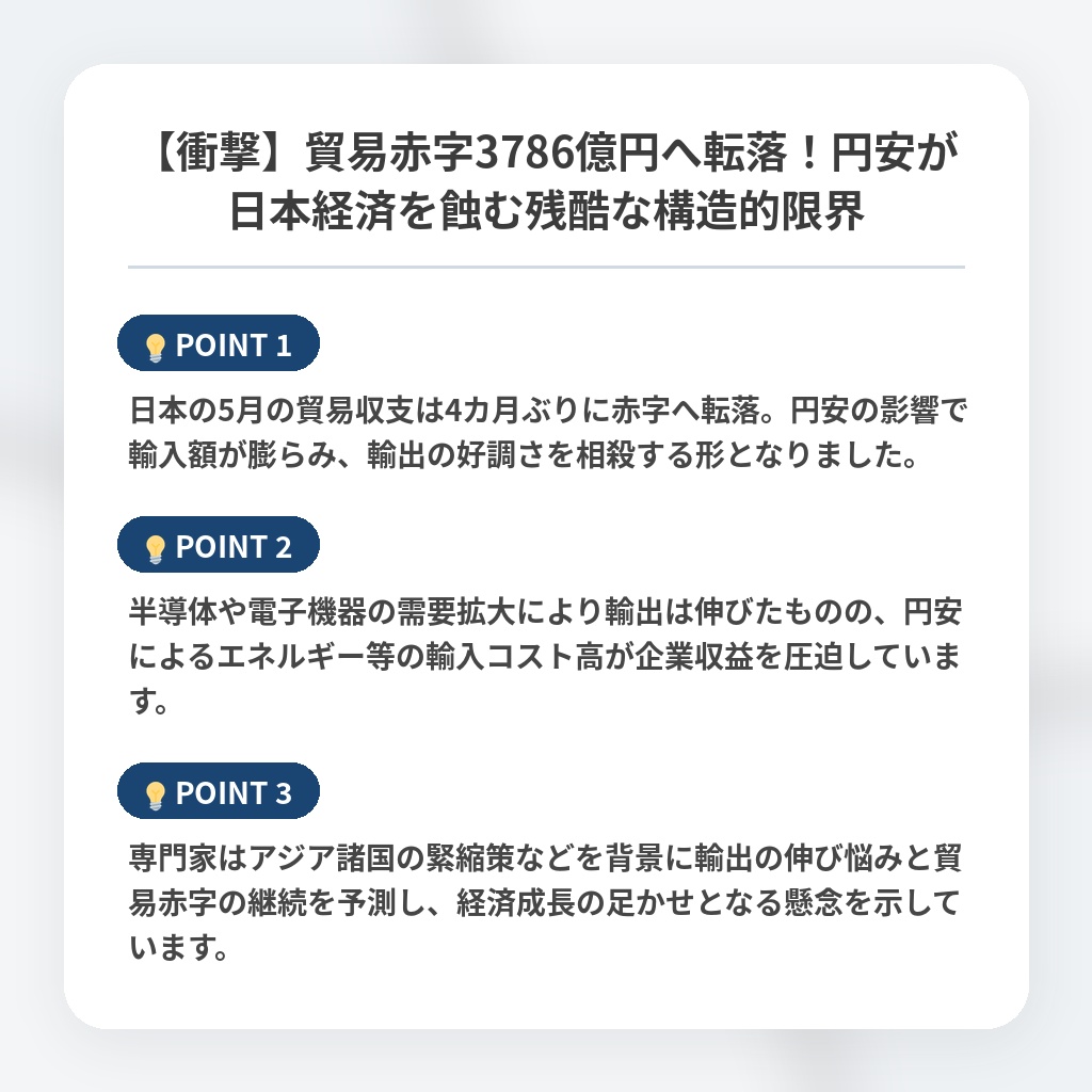 【衝撃】貿易赤字3786億円へ転落！円安が日本経済を蝕む残酷な構造的限界の注目ポイントまとめ