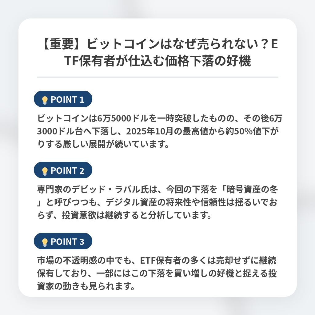 【重要】ビットコインはなぜ売られない?ETF保有者が仕込む価格下落の好機の注目ポイントまとめ