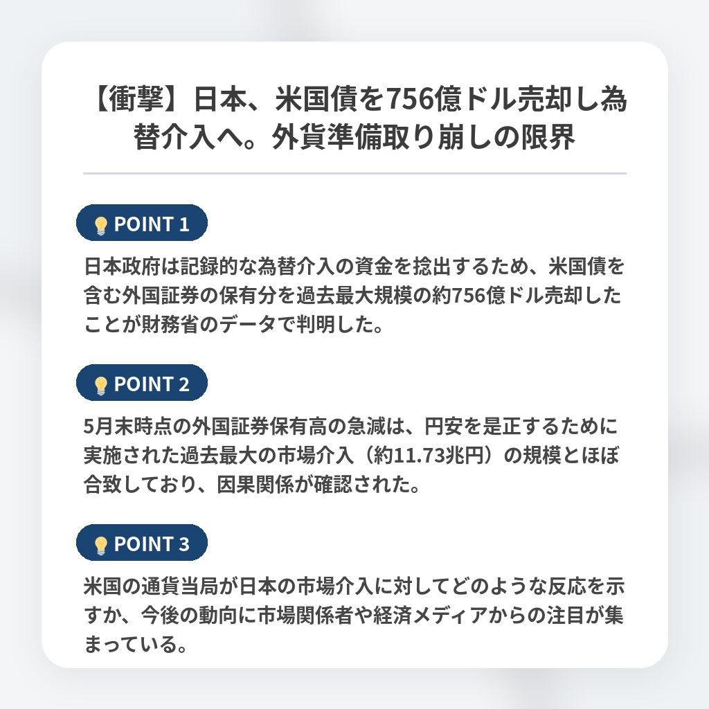【衝撃】日本、米国債を756億ドル売却し為替介入へ。外貨準備取り崩しの限界の注目ポイントまとめ