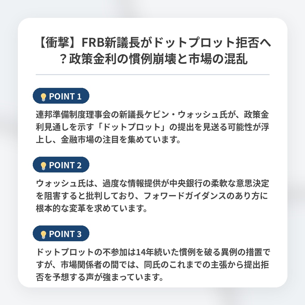 【衝撃】FRB新議長がドットプロット拒否へ？政策金利の慣例崩壊と市場の混乱の注目ポイントまとめ