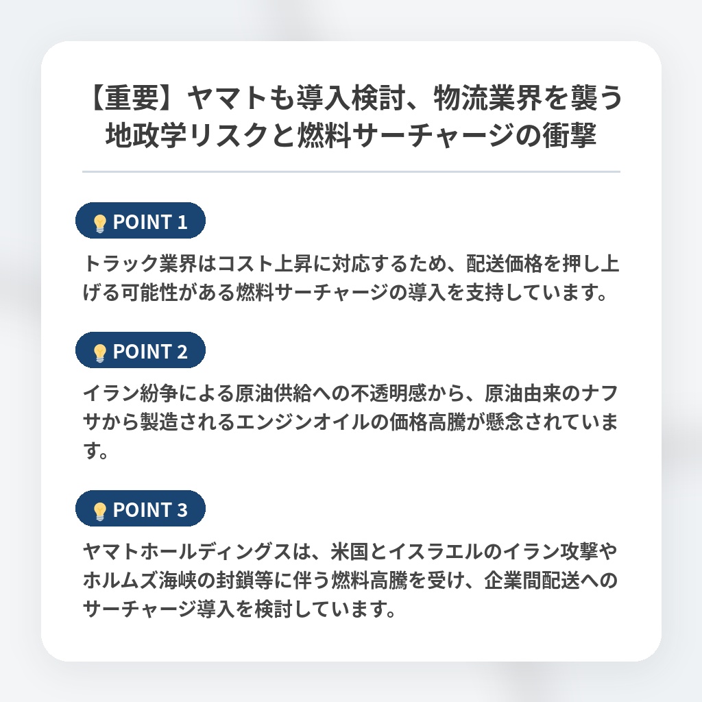 【重要】ヤマトも導入検討、物流業界を襲う地政学リスクと燃料サーチャージの衝撃の注目ポイントまとめ