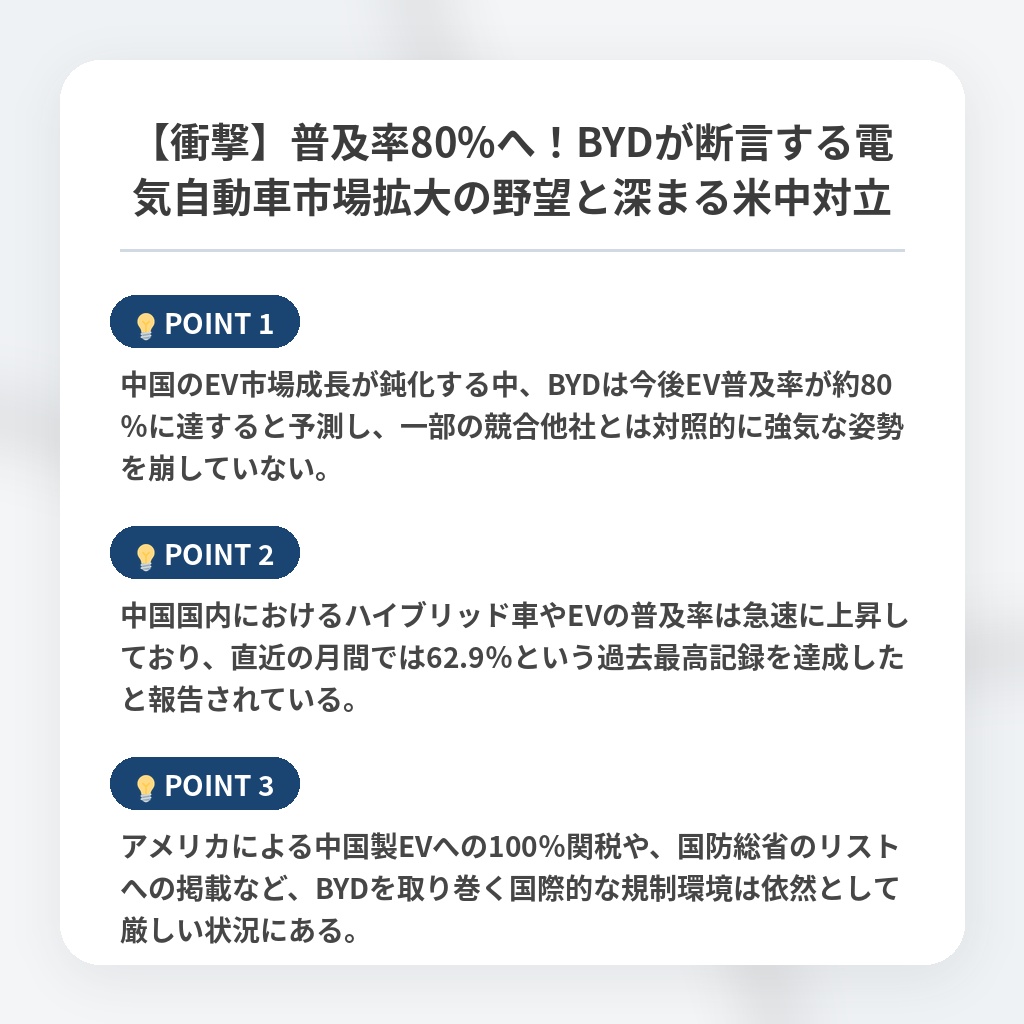 【衝撃】普及率80%へ！BYDが断言する電気自動車市場拡大の野望と深まる米中対立の注目ポイントまとめ