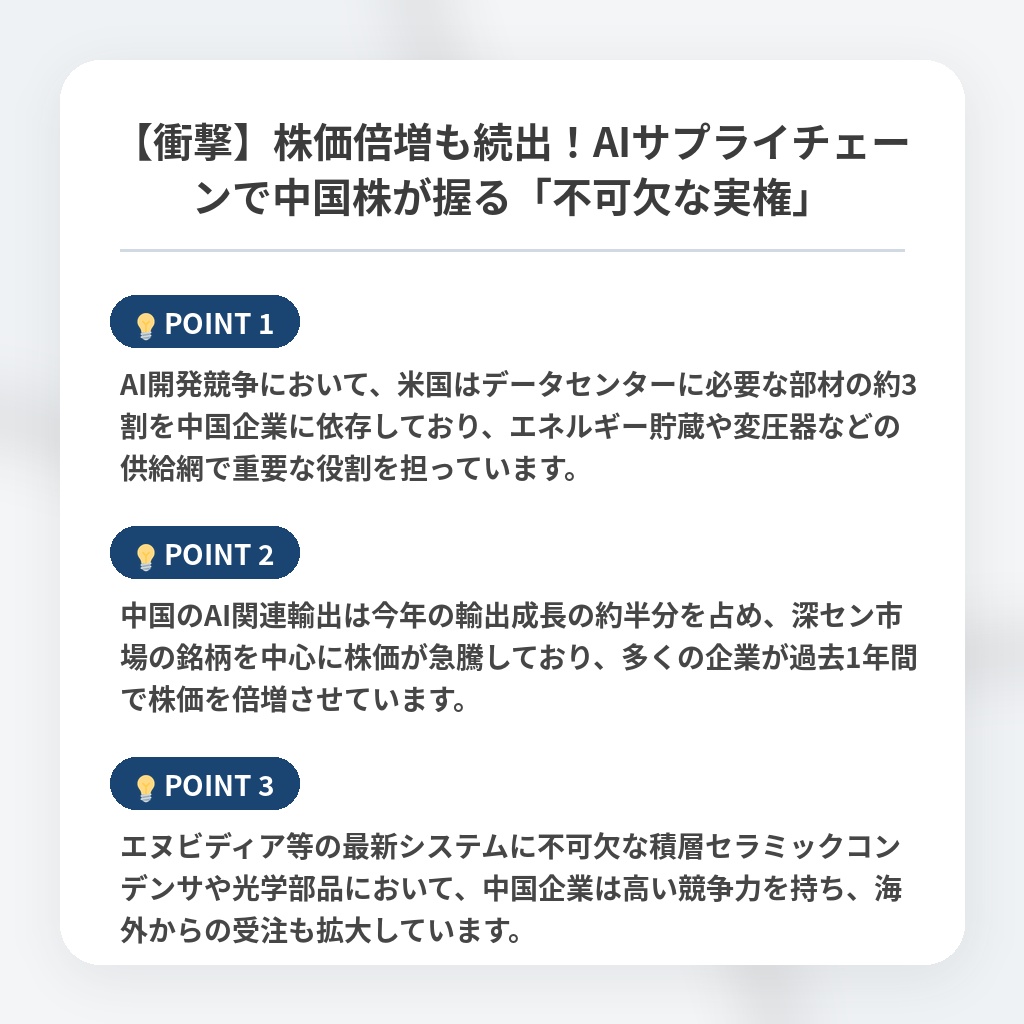 【衝撃】株価倍増も続出！AIサプライチェーンで中国株が握る「不可欠な実権」の注目ポイントまとめ