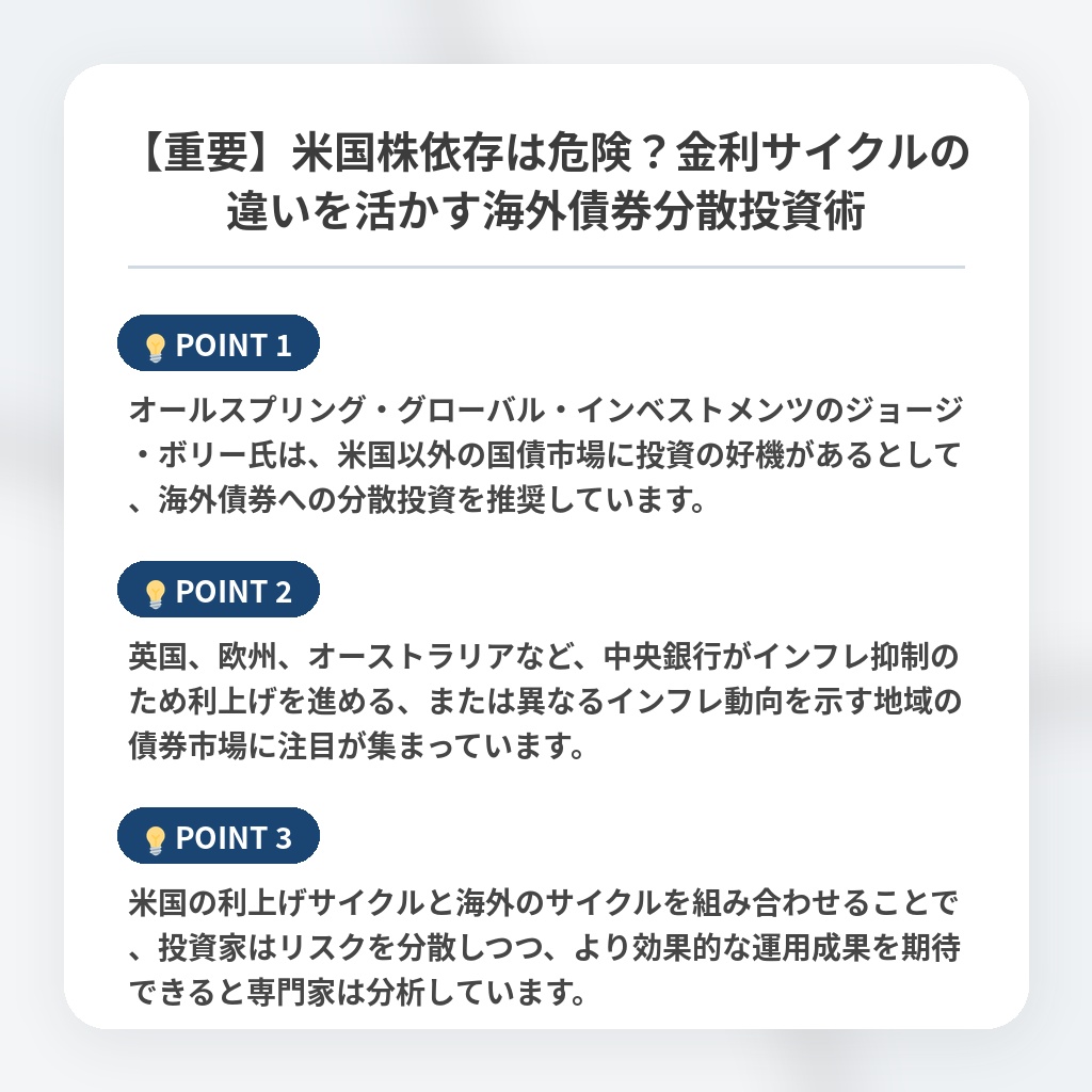 【重要】米国株依存は危険？金利サイクルの違いを活かす海外債券分散投資術の注目ポイントまとめ