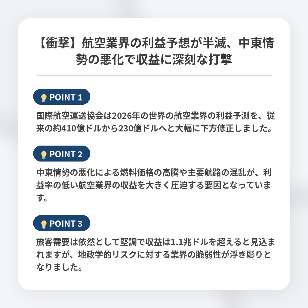 【衝撃】航空業界の利益予想が半減、中東情勢の悪化で収益に深刻な打撃の注目ポイントまとめ