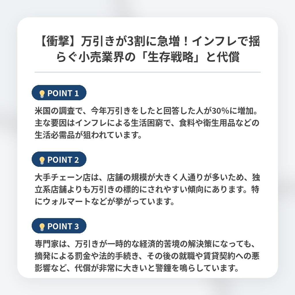 【衝撃】万引きが3割に急増！インフレで揺らぐ小売業界の「生存戦略」と代償の注目ポイントまとめ