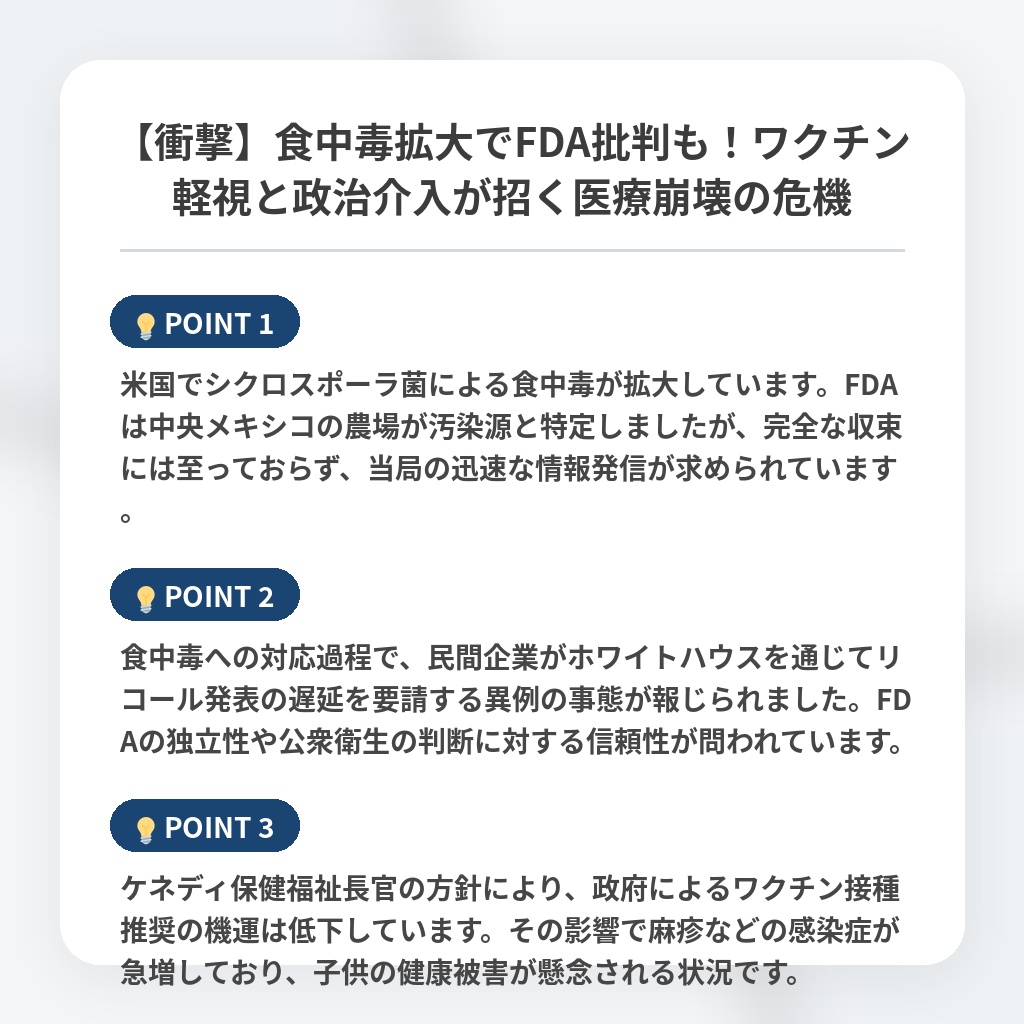 【衝撃】食中毒拡大でFDA批判も！ワクチン軽視と政治介入が招く医療崩壊の危機の注目ポイントまとめ