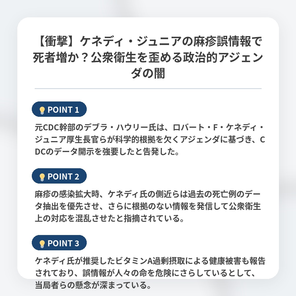 【衝撃】ケネディ・ジュニアの麻疹誤情報で死者増か？公衆衛生を歪める政治的アジェンダの闇の注目ポイントまとめ
