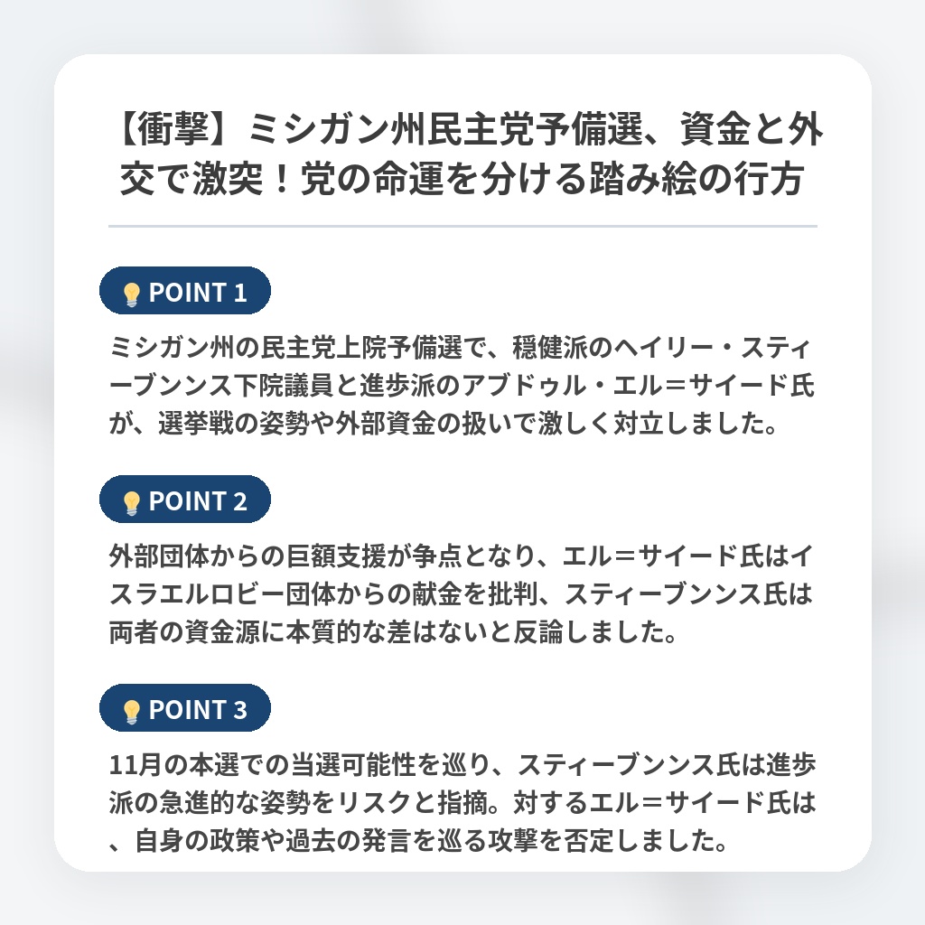 【衝撃】ミシガン州民主党予備選、資金と外交で激突！党の命運を分ける踏み絵の行方の注目ポイントまとめ