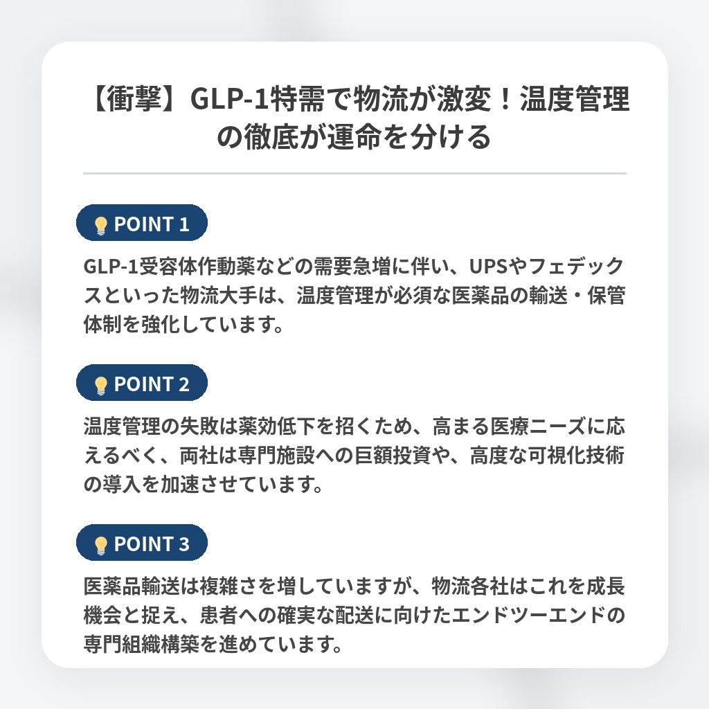 【衝撃】GLP-1特需で物流が激変!温度管理の徹底が運命を分けるの注目ポイントまとめ