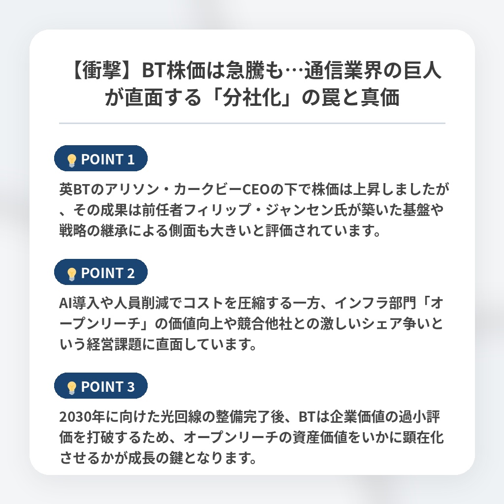 【衝撃】BT株価は急騰も…通信業界の巨人が直面する「分社化」の罠と真価の注目ポイントまとめ