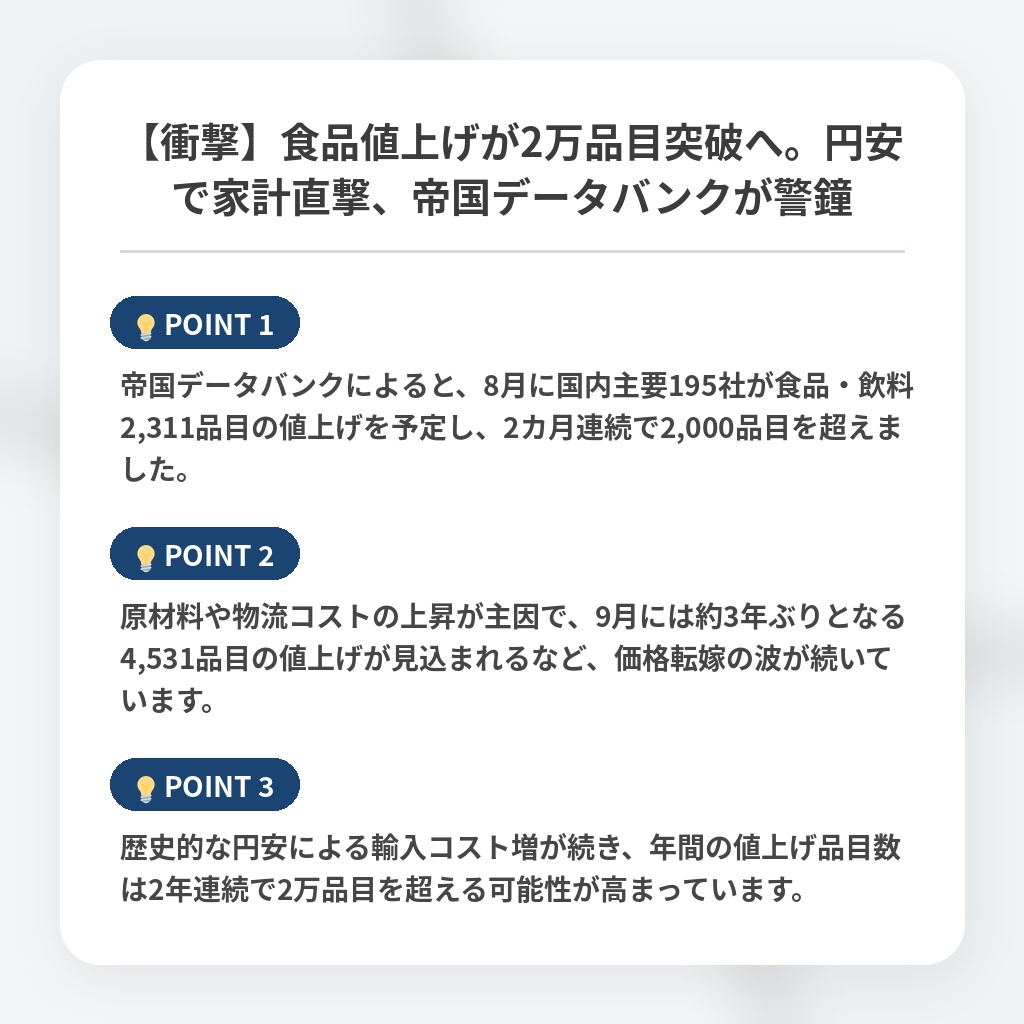 【衝撃】食品値上げが2万品目突破へ。円安で家計直撃、帝国データバンクが警鐘の注目ポイントまとめ