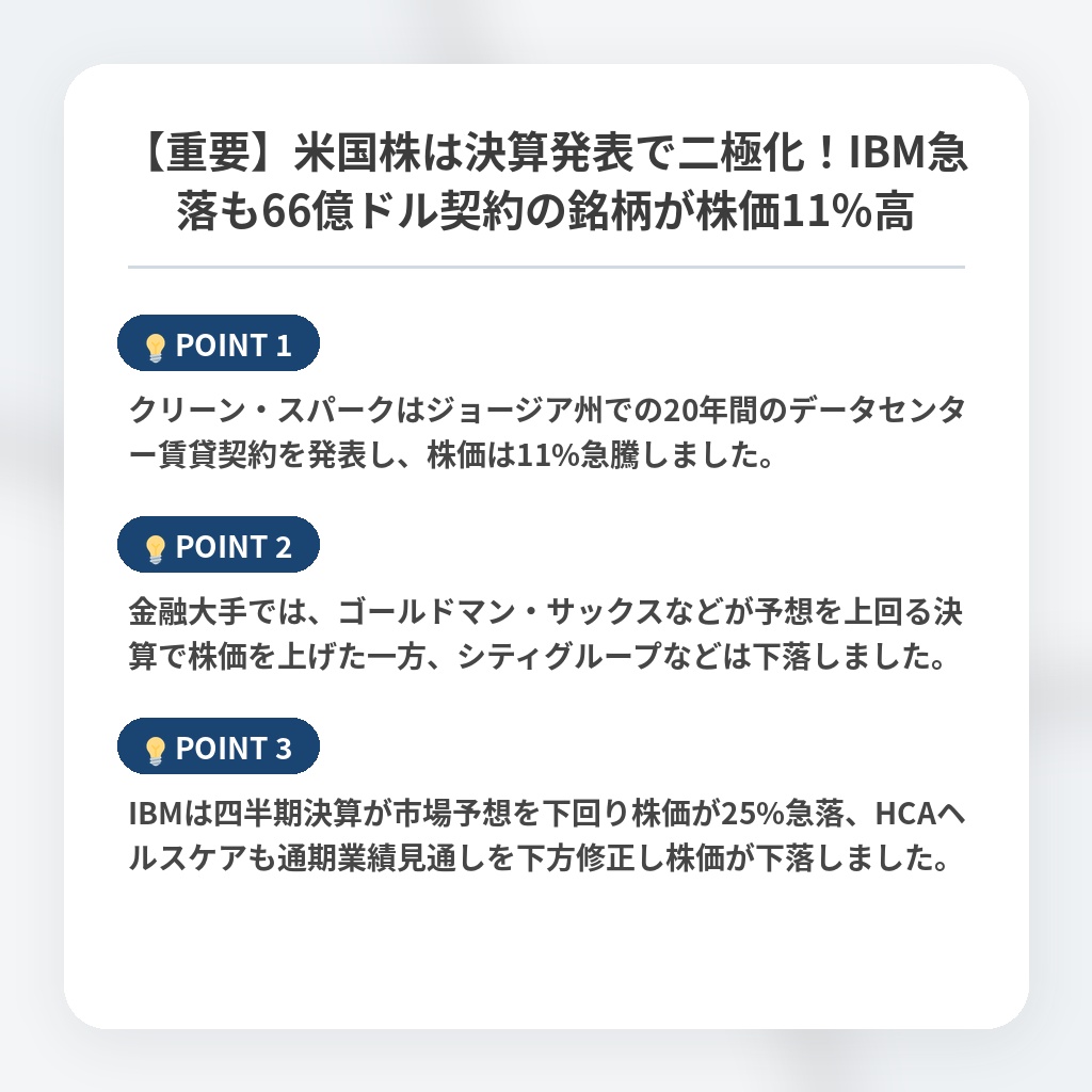 【重要】米国株は決算発表で二極化!IBM急落も66億ドル契約の銘柄が株価11%高の注目ポイントまとめ