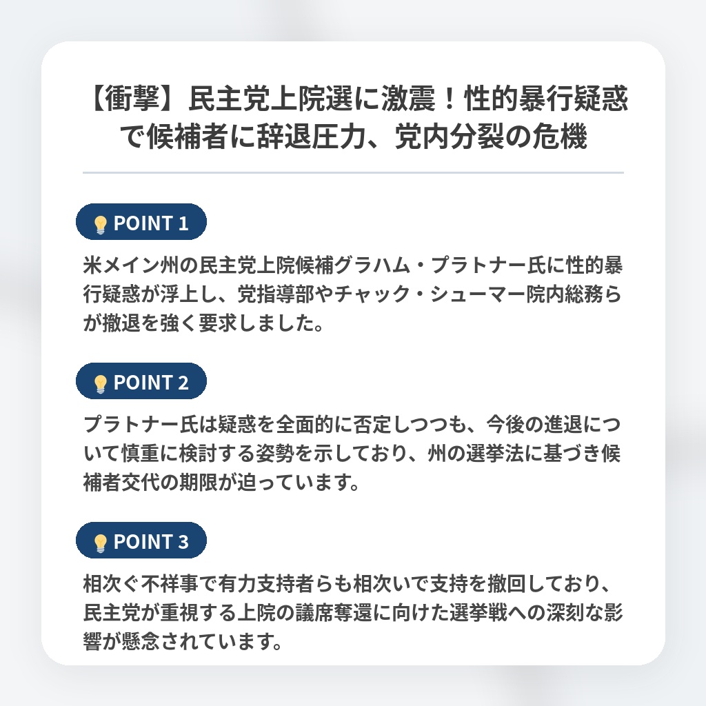 【衝撃】民主党上院選に激震！性的暴行疑惑で候補者に辞退圧力、党内分裂の危機の注目ポイントまとめ
