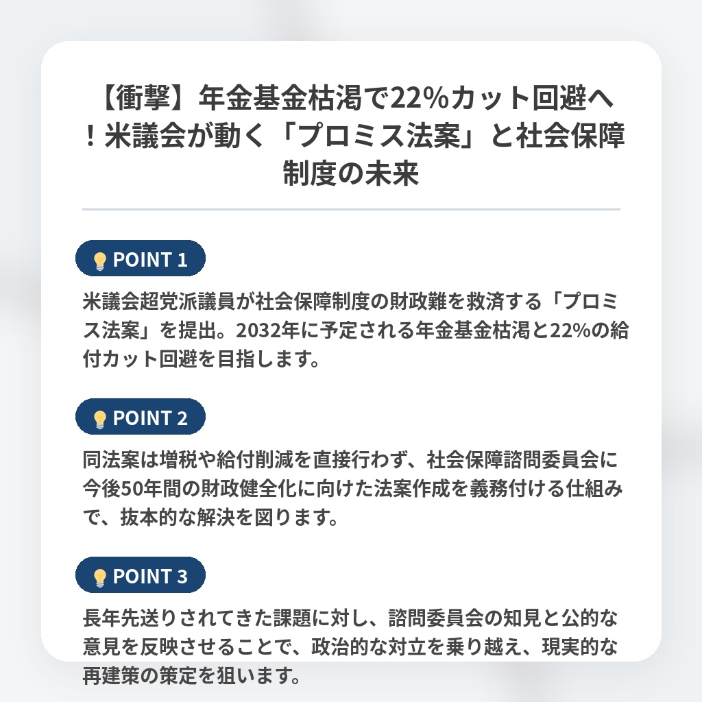 【衝撃】年金基金枯渇で22％カット回避へ！米議会が動く「プロミス法案」と社会保障制度の未来の注目ポイントまとめ