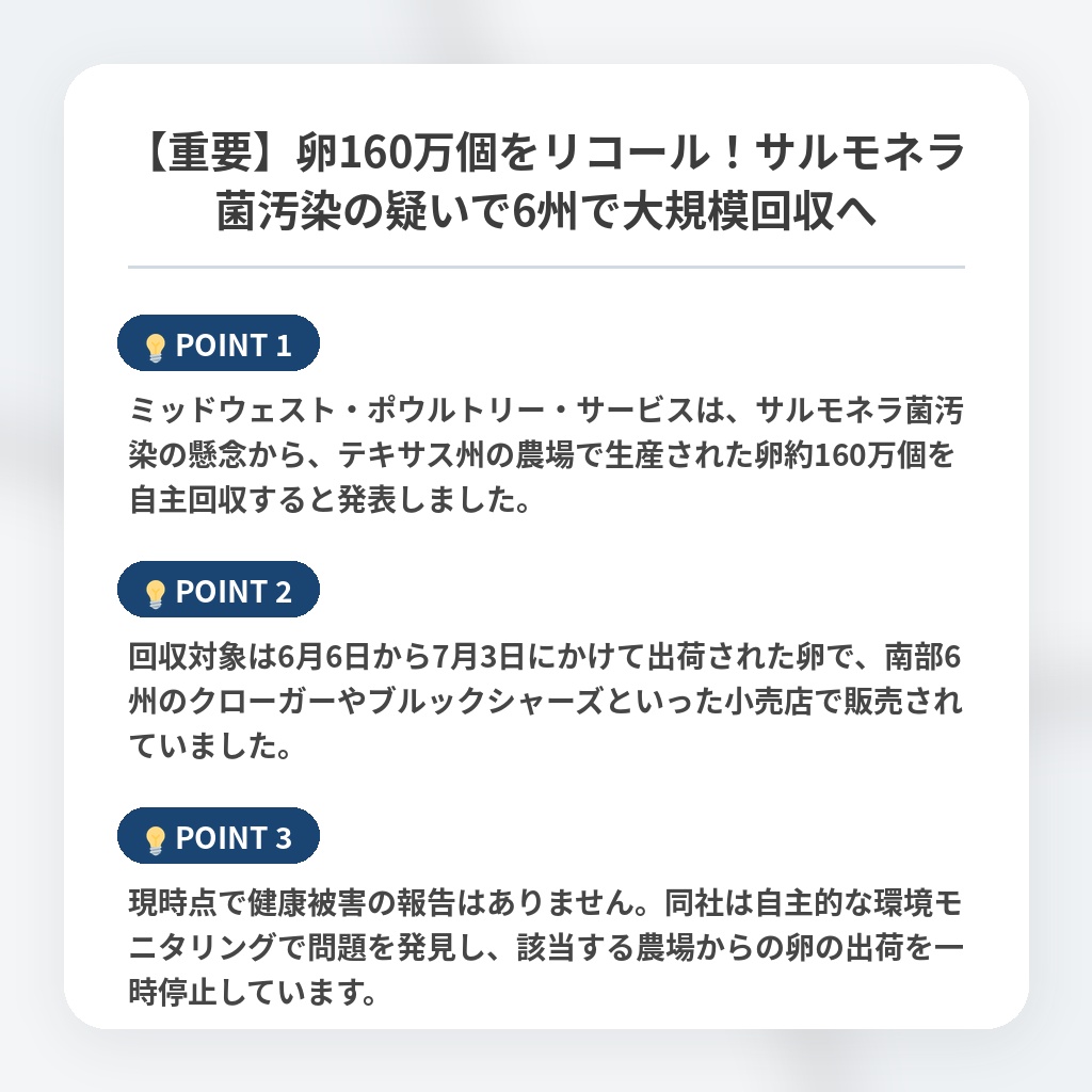 【重要】卵160万個をリコール！サルモネラ菌汚染の疑いで6州で大規模回収への注目ポイントまとめ