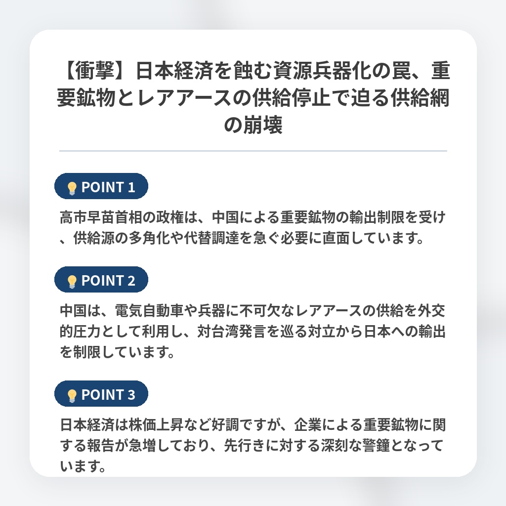 【衝撃】日本経済を蝕む資源兵器化の罠、重要鉱物とレアアースの供給停止で迫る供給網の崩壊の注目ポイントまとめ