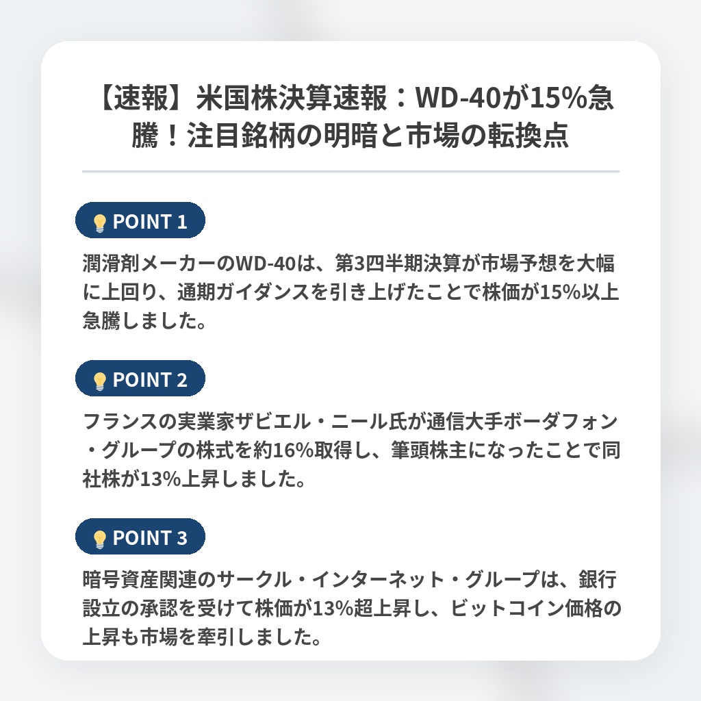 【速報】米国株決算速報：WD-40が15%急騰！注目銘柄の明暗と市場の転換点の注目ポイントまとめ