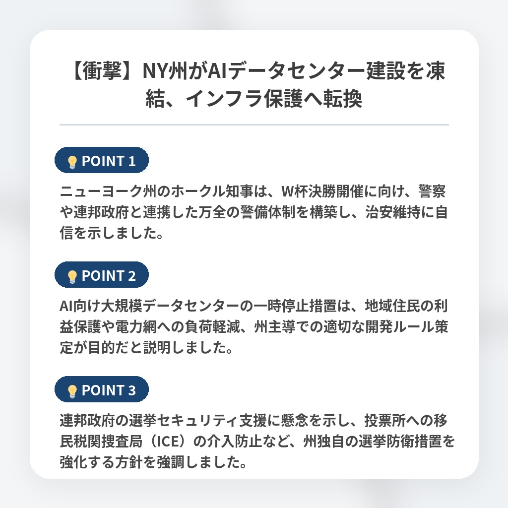 【衝撃】NY州がAIデータセンター建設を凍結、インフラ保護へ転換の注目ポイントまとめ