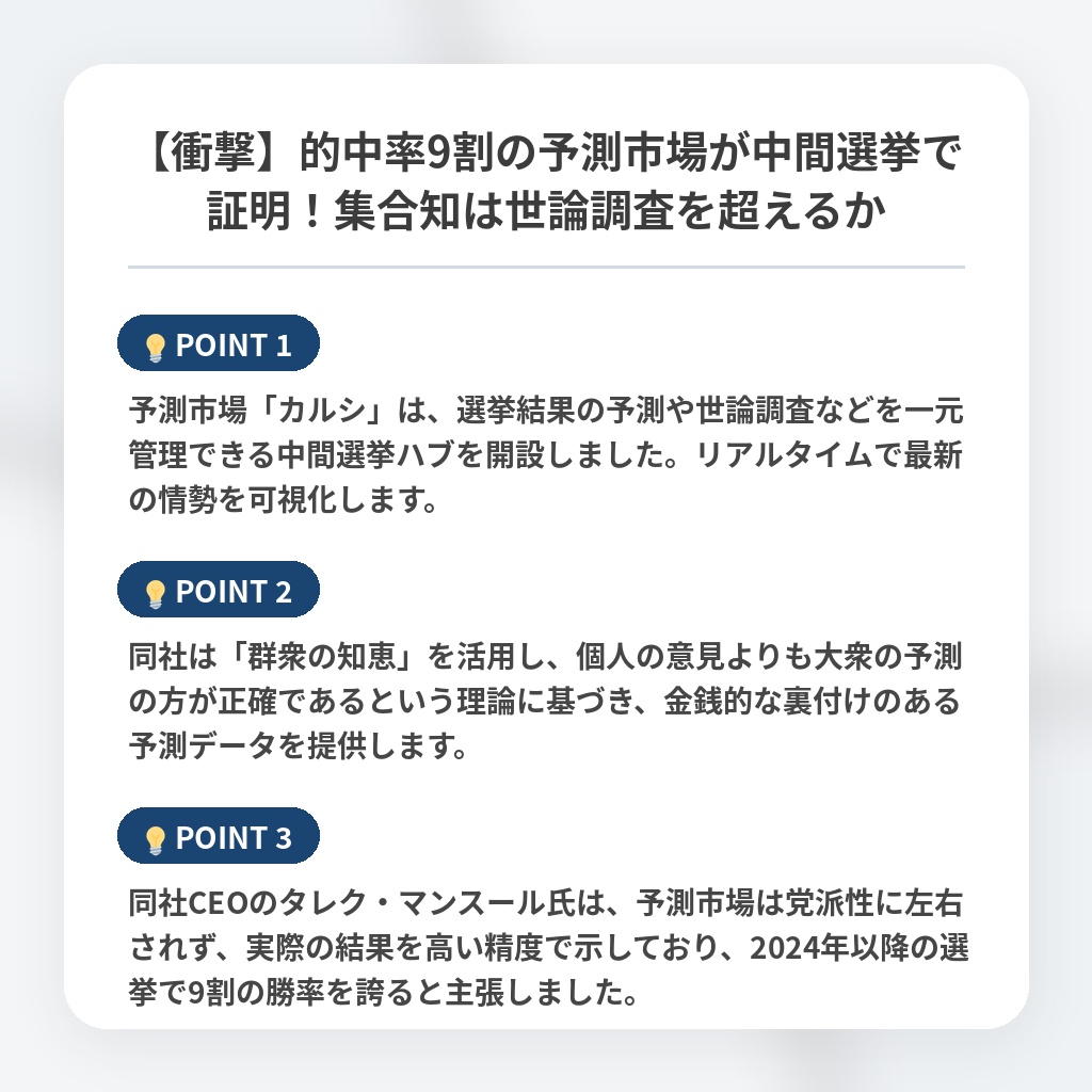 【衝撃】的中率9割の予測市場が中間選挙で証明!集合知は世論調査を超えるかの注目ポイントまとめ