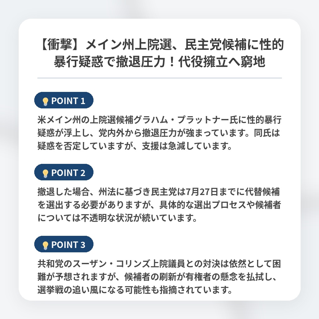 【衝撃】メイン州上院選、民主党候補に性的暴行疑惑で撤退圧力！代役擁立へ窮地の注目ポイントまとめ