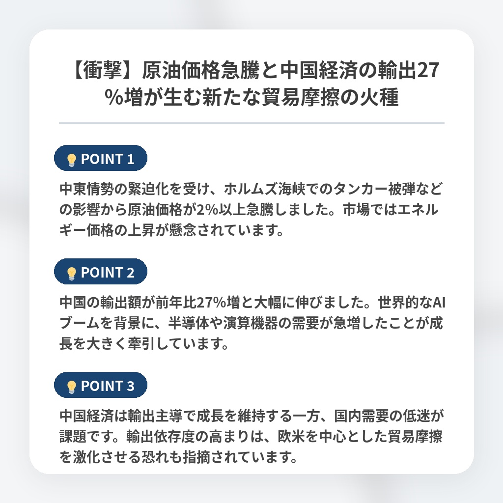 【衝撃】原油価格急騰と中国経済の輸出27%増が生む新たな貿易摩擦の火種の注目ポイントまとめ