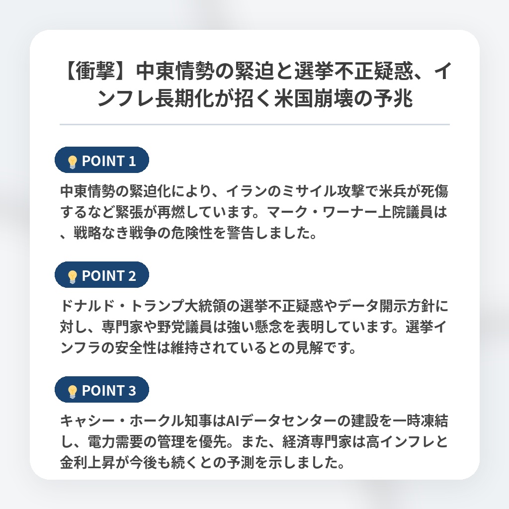 【衝撃】中東情勢の緊迫と選挙不正疑惑、インフレ長期化が招く米国崩壊の予兆の注目ポイントまとめ