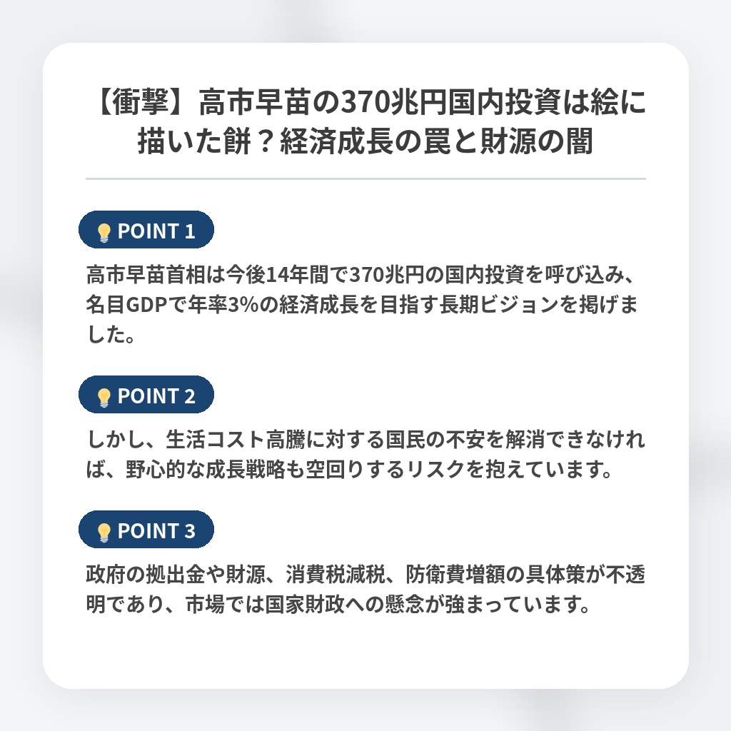 【衝撃】高市早苗の370兆円国内投資は絵に描いた餅？経済成長の罠と財源の闇の注目ポイントまとめ