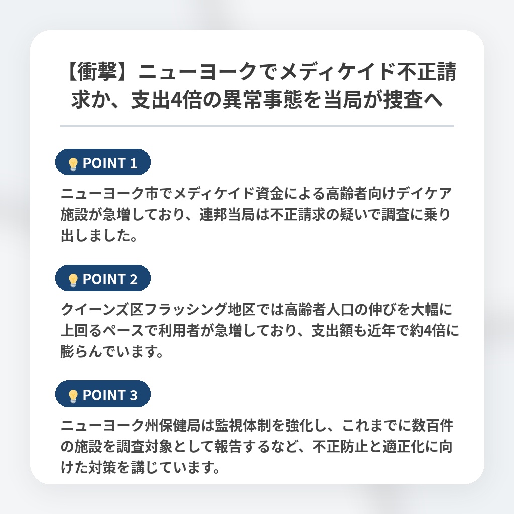 【衝撃】ニューヨークでメディケイド不正請求か、支出4倍の異常事態を当局が捜査への注目ポイントまとめ