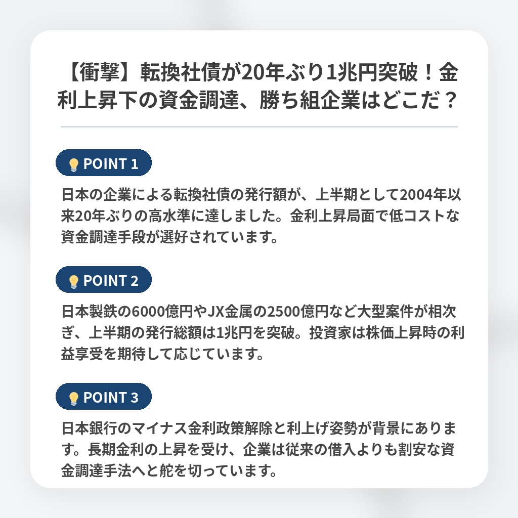 【衝撃】転換社債が20年ぶり1兆円突破！金利上昇下の資金調達、勝ち組企業はどこだ？の注目ポイントまとめ