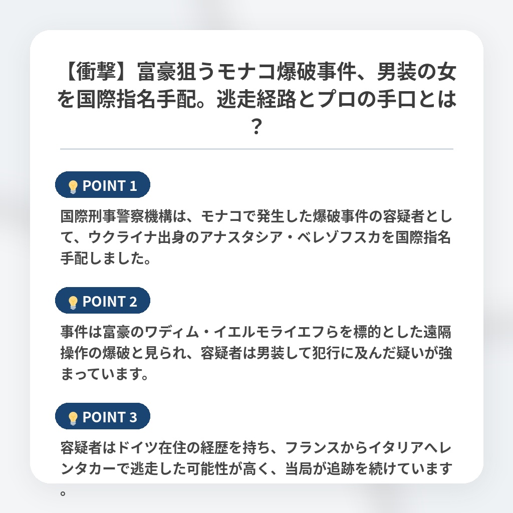 【衝撃】富豪狙うモナコ爆破事件、男装の女を国際指名手配。逃走経路とプロの手口とは？の注目ポイントまとめ