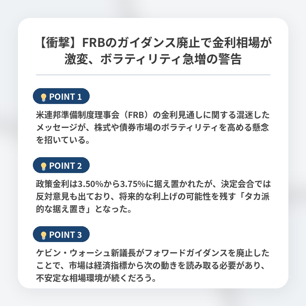 【衝撃】FRBのガイダンス廃止で金利相場が激変、ボラティリティ急増の警告の注目ポイントまとめ
