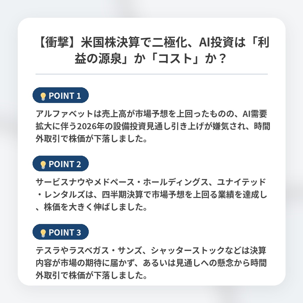 【衝撃】米国株決算で二極化、AI投資は「利益の源泉」か「コスト」か？の注目ポイントまとめ